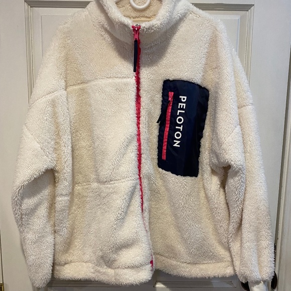 Peloton Jackets & Blazers - Peloton Sherpa White Hot Pink Navy Zip Teddy Fleece Womens Jacket Size XXL